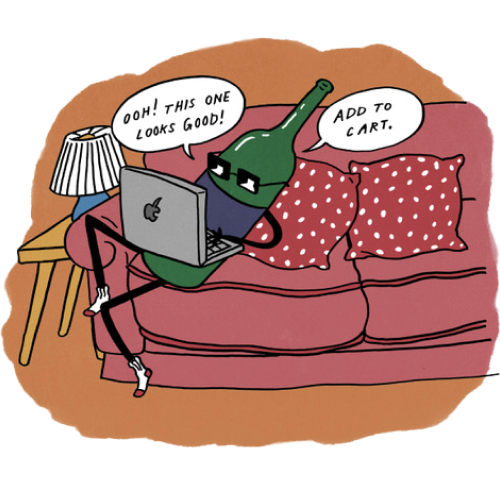 Cartoon Wine Bottle Sitting on Couch, shopping on laptop